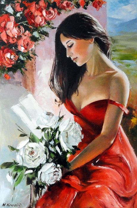 Kowalik - " Róża " - 50x70cm Obraz Olejny Dziewczyna Róże Kobieta