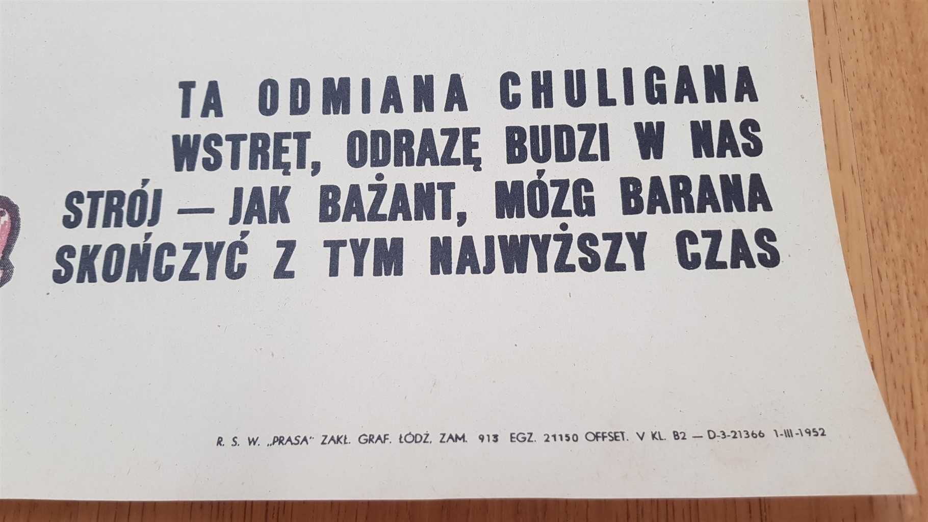 UNIKAT Chuligan bikiniarz plakat PRL 1952 RARE ORYGINAŁ propagandowy