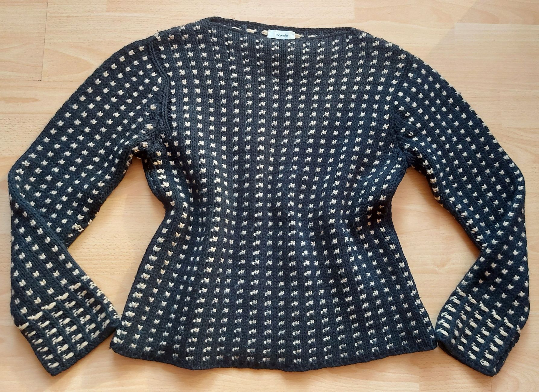Oryginalny sweter Lecomte 40, czarno-beżowy, wełna merino