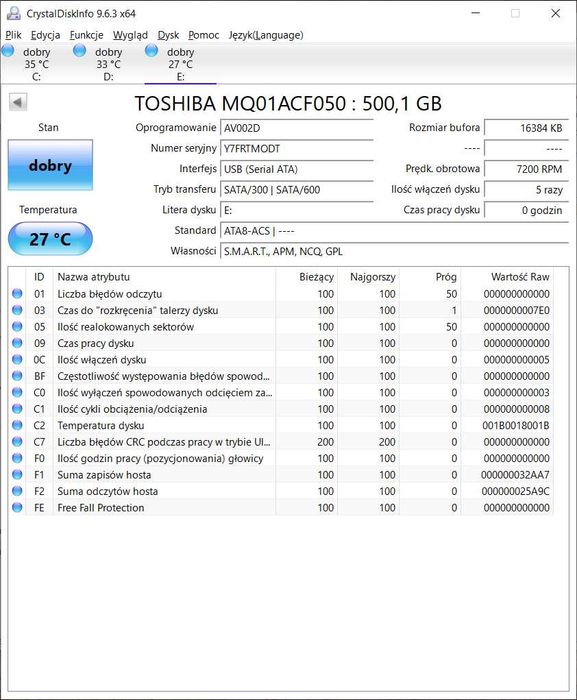 Dysk HDD TOSHIBA 500GB 2.5 SATA 7200RPM testowany