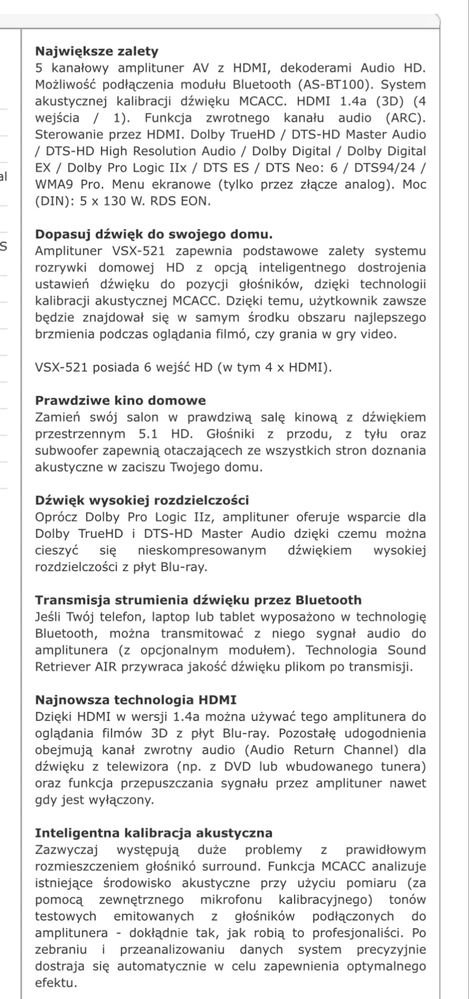 Amplituner  Piooner VSX- 521K- Bardzo dobry stan