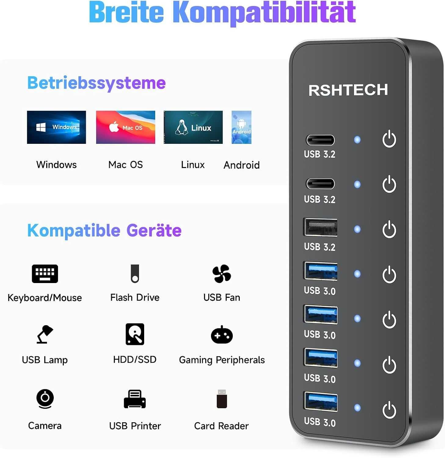 Hub USB 7 portów RSHTECH ST07C aktywny koncentrator USB dotykowy