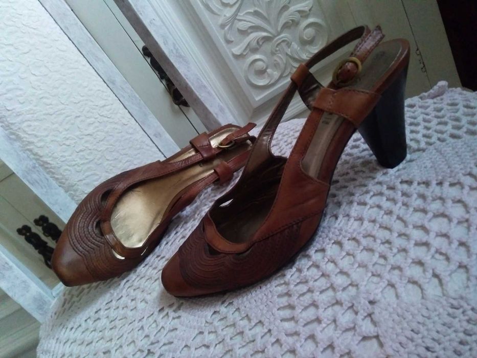 Skórzane sandały damskie na obcasie buty letnie czółenka rozmiar 37