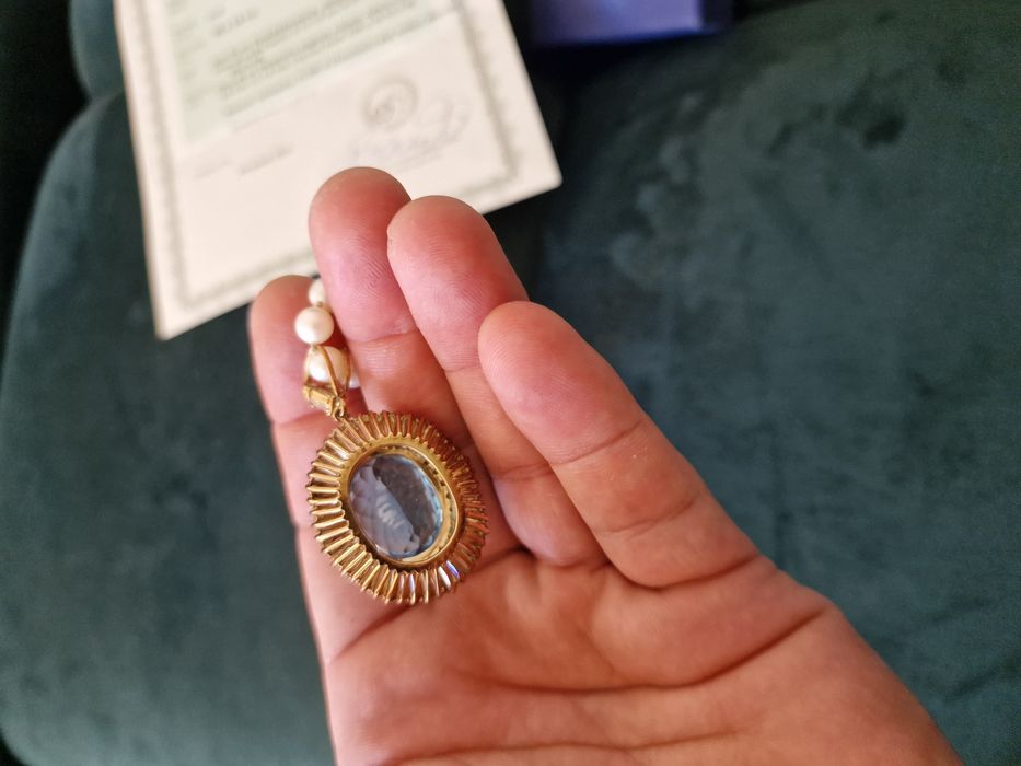 Luksusowy naszyjnik z topazem i diamentami – złoto, perły, certyfikat!