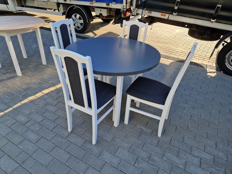 Nowe: Stół okrągły + 4 krzesła, bialy/grafit + grafit , dostawa PL
