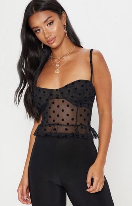 чорний топ у горошок із сіткою, PrettyLittleThing, XS-S