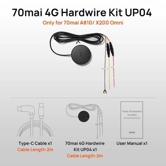 Відеореєстратор 70mai А810-2 4K дві камери (+RC12), кабель 4G Kit UP04