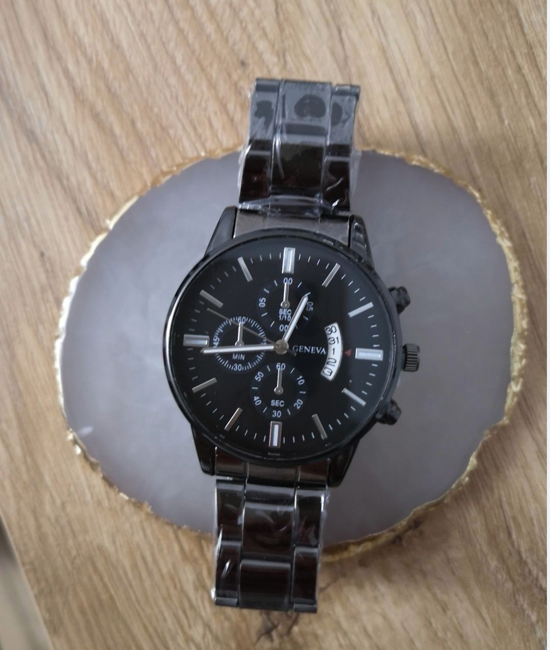 Nowy zegarek męski na czarnej bransolecie z dużą tarcza na prezent