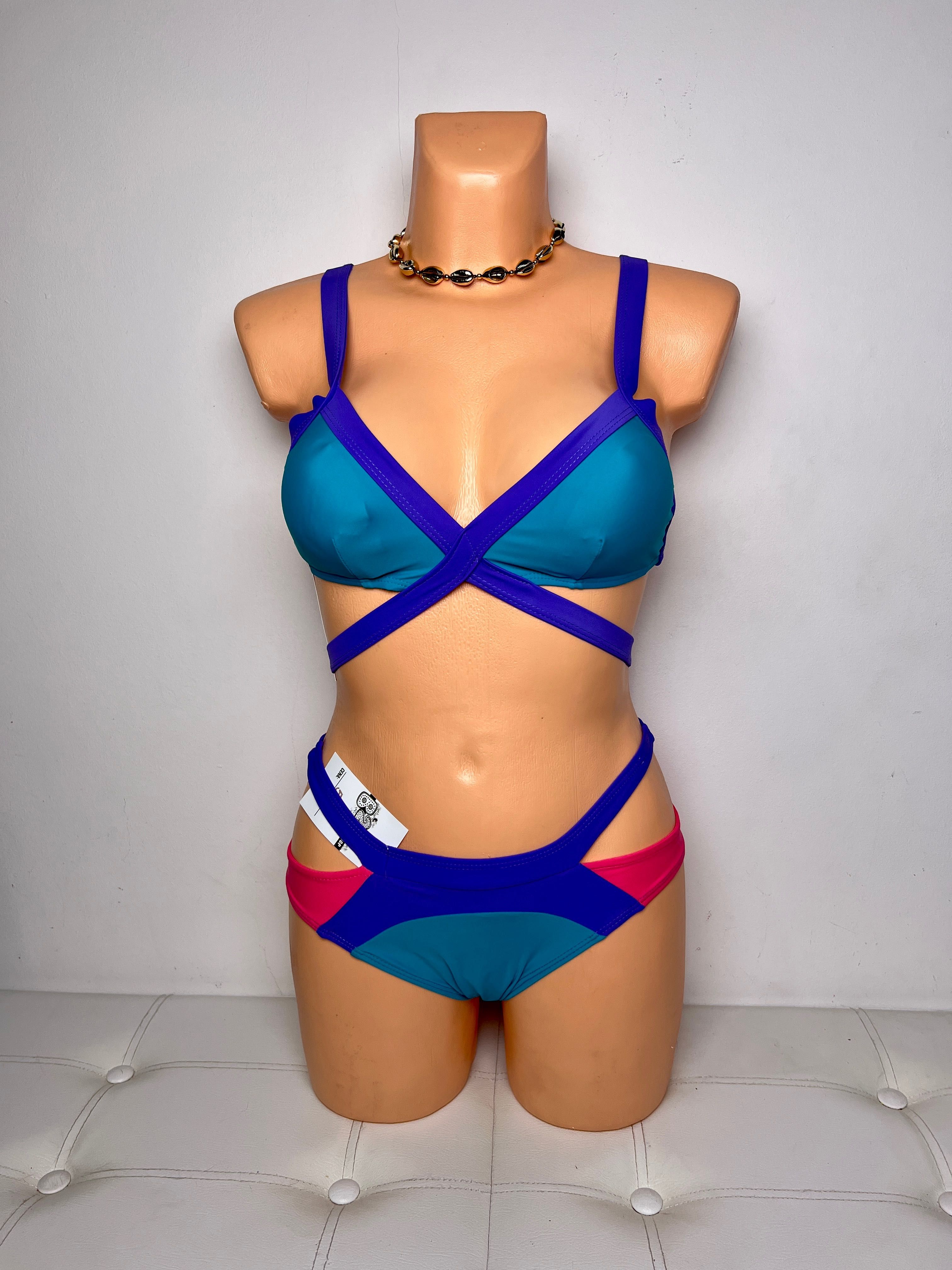 Strój kąpielowy bikini paski wycięcia neon S 36