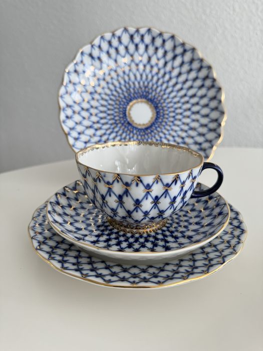 Duża filiżanka Lomonosov siatka Kobaltowa Rosyjska porcelana