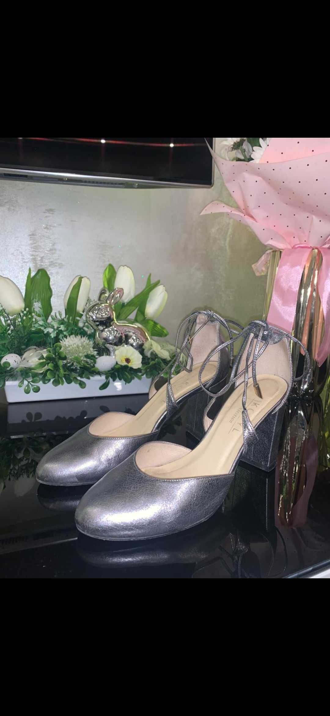 Srebne Skórzane Buty Na Słupku Kotyl 38 (25cm)