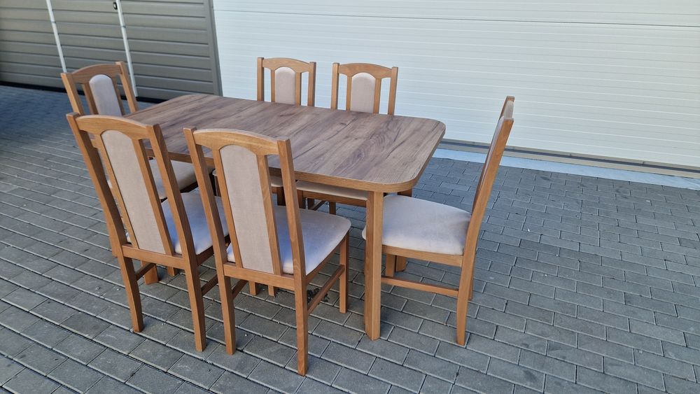 Nowe: Stół 80x140/180 + 6 krzeseł, ORZECH JASNY+LATTE, dostawa PL