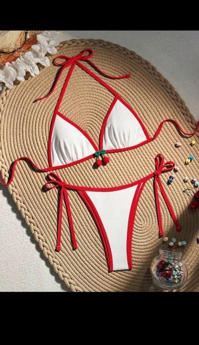 Shein śliczny strój kąpielowy bikini dwuczęściowy biało czerwony L