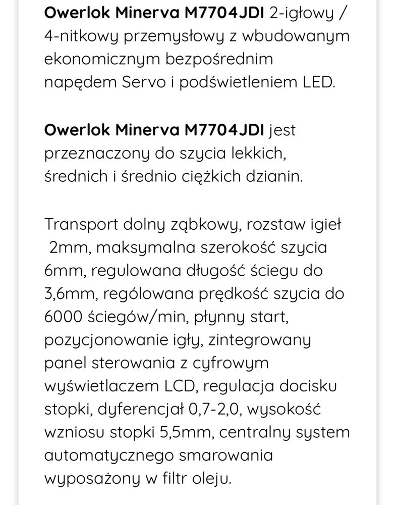 Overlock przemysłowy 4-nitkowy Minerva 7704 jdi SPRZEDAM