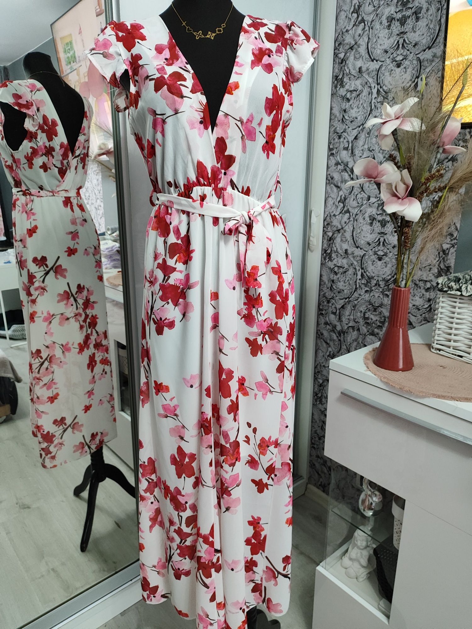 Sukienka elegancka długa maxi przed kostki rozkloszowana biała w kwiat