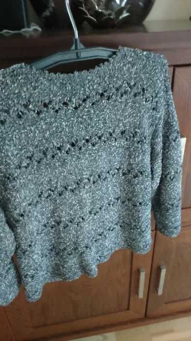 Sweter ażur bolerko narzutka-rękaw 3/4 szaro-biały melanż XL-XXL