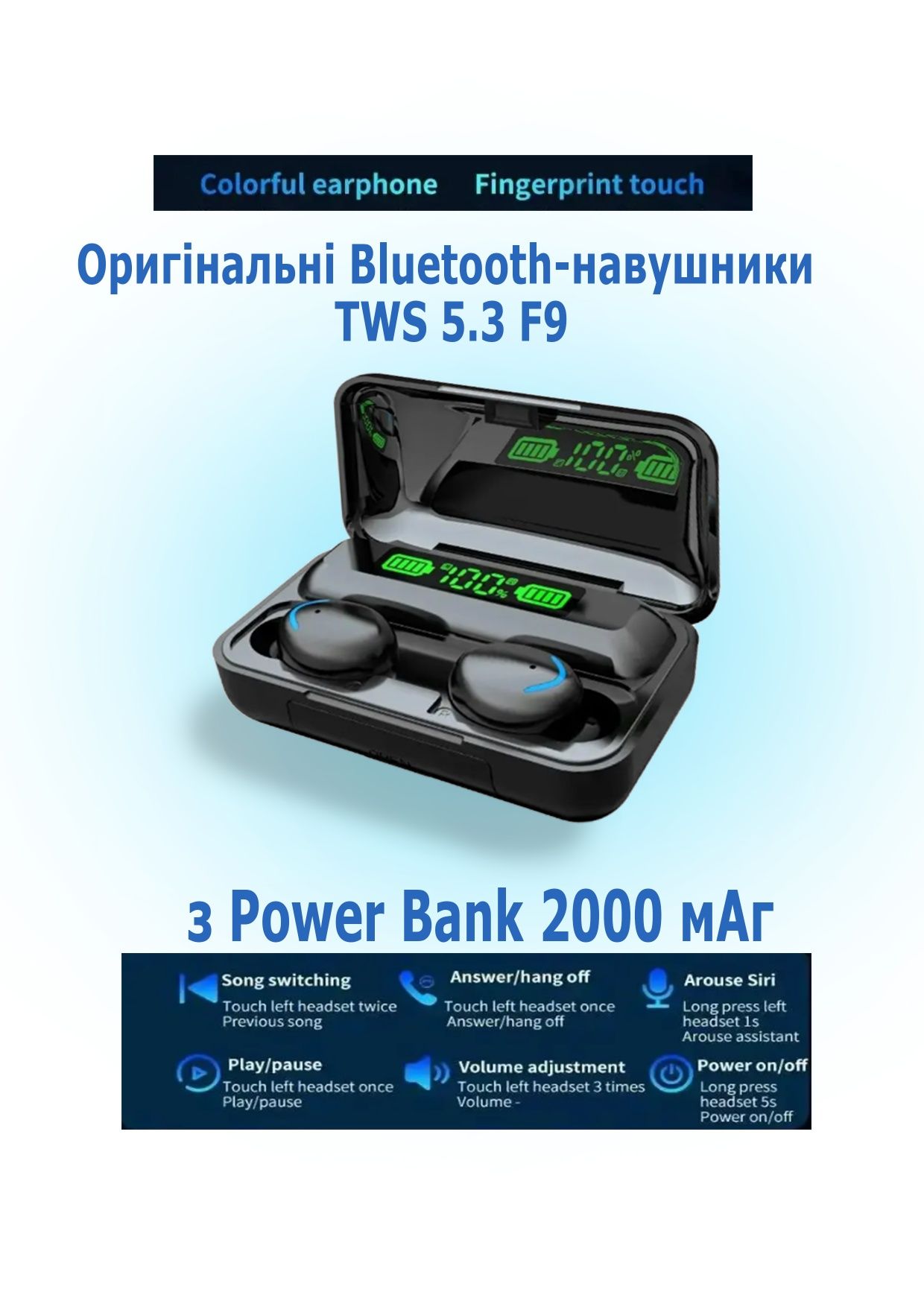 Оригінальні Bluetooth-навушники TWS 5.3 F9
з Power Bank 2000 мАг