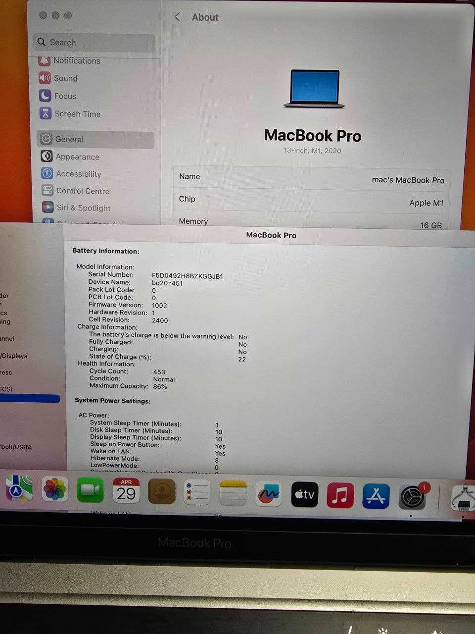 MacBook Pro 13, A2338, 2020, M1 (8-core), 16/256, Batt 453 (86%)