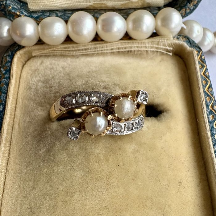 Antyk Francja pierscionek Toi et Moi złoto 14 k perły diamenty R12