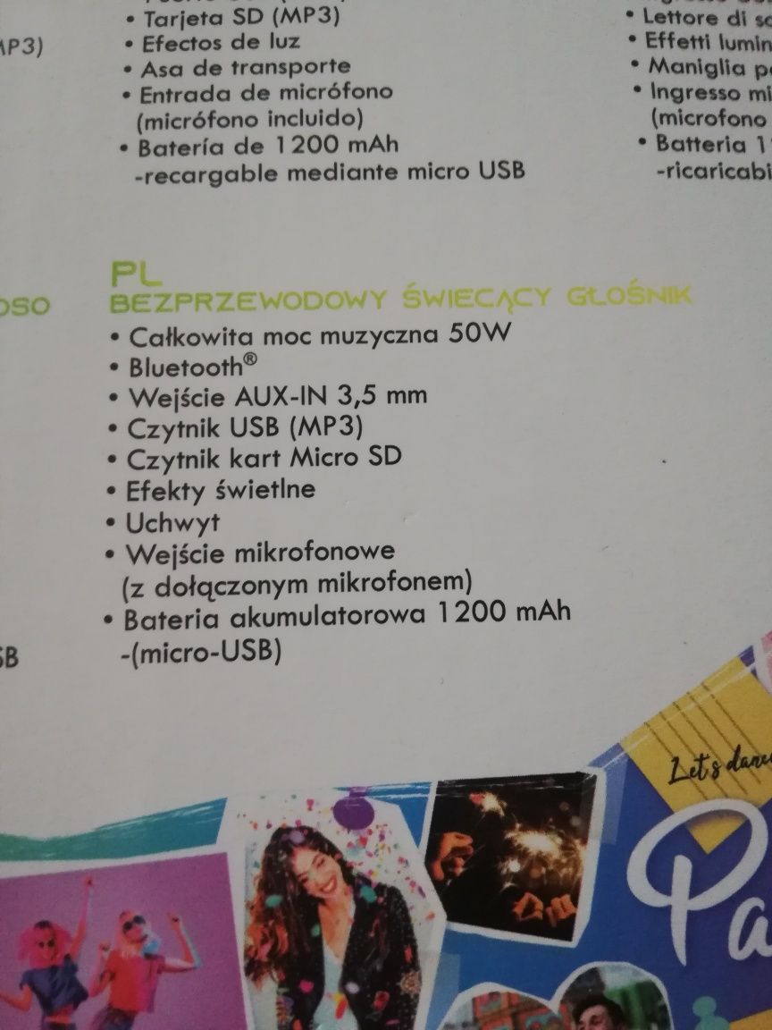 Nowy bezprzewodowy świecący przenośny głośnik Bigben Party 50 W plus m
