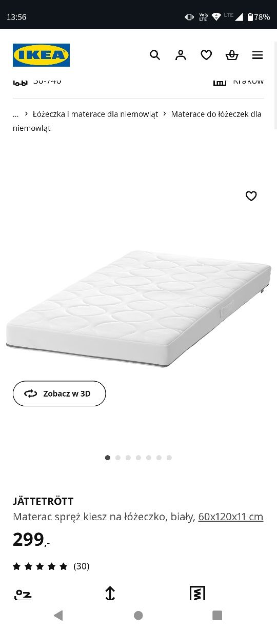 Łóżeczko Ikea Singlar, materac JÄTTETRÖTT