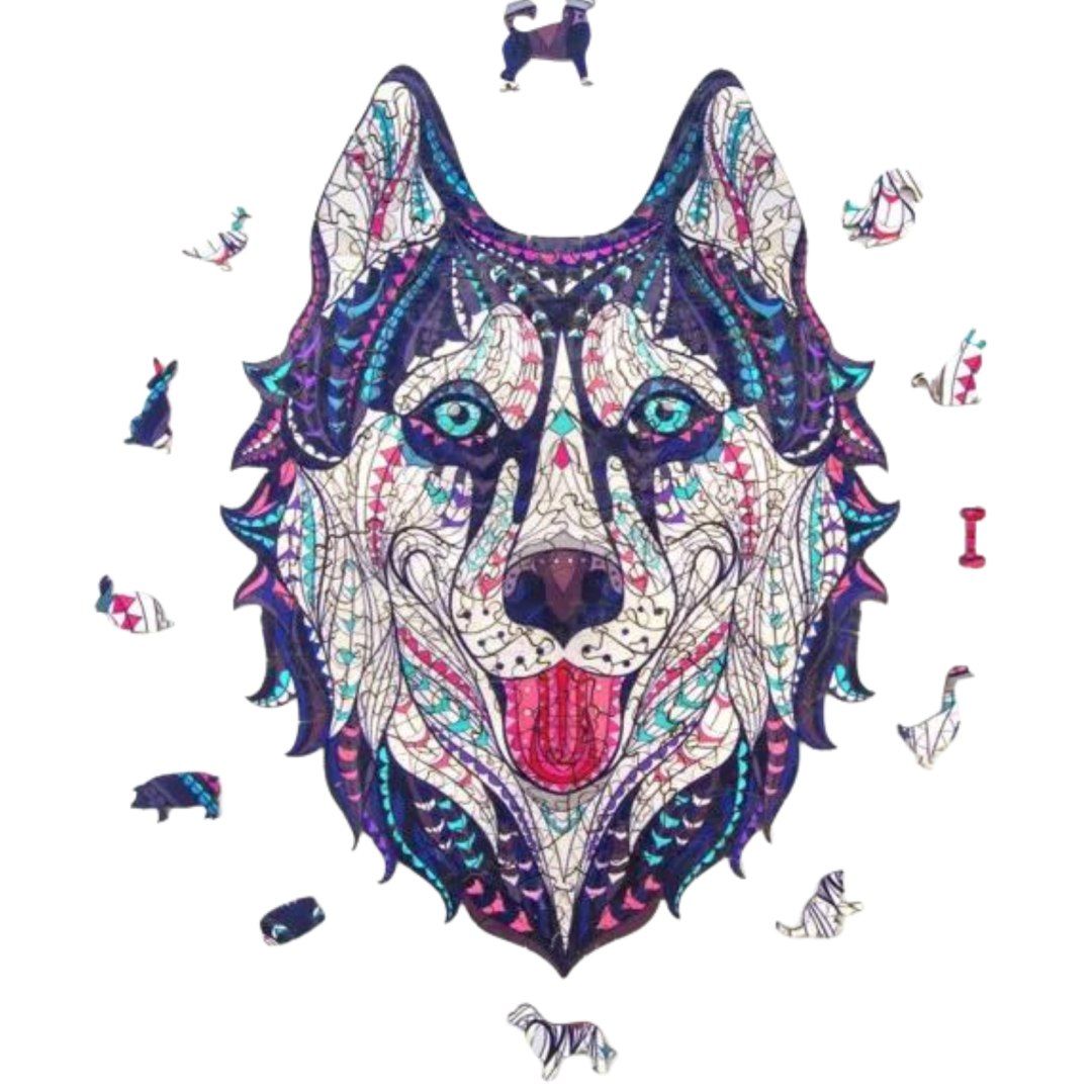 Puzzle drewniane układanka husky śnieźny pies