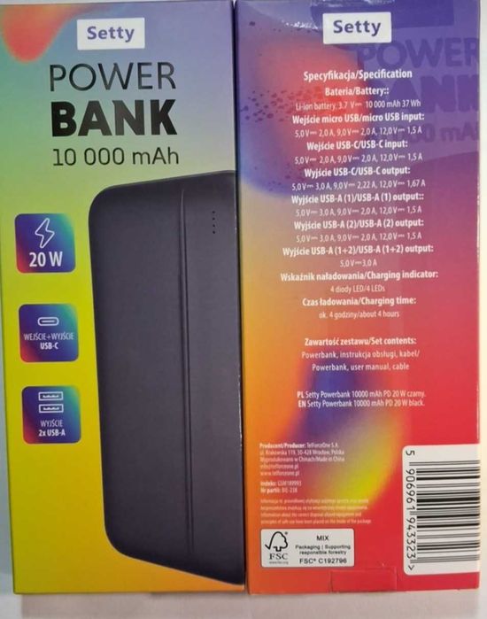 Power Bank 10000 mAh Sett Bateria przenośna 20W