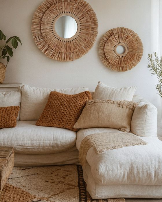 Дзеркало з бахромою. Ручна робота. Солом’яний декор. Бохо стиль.