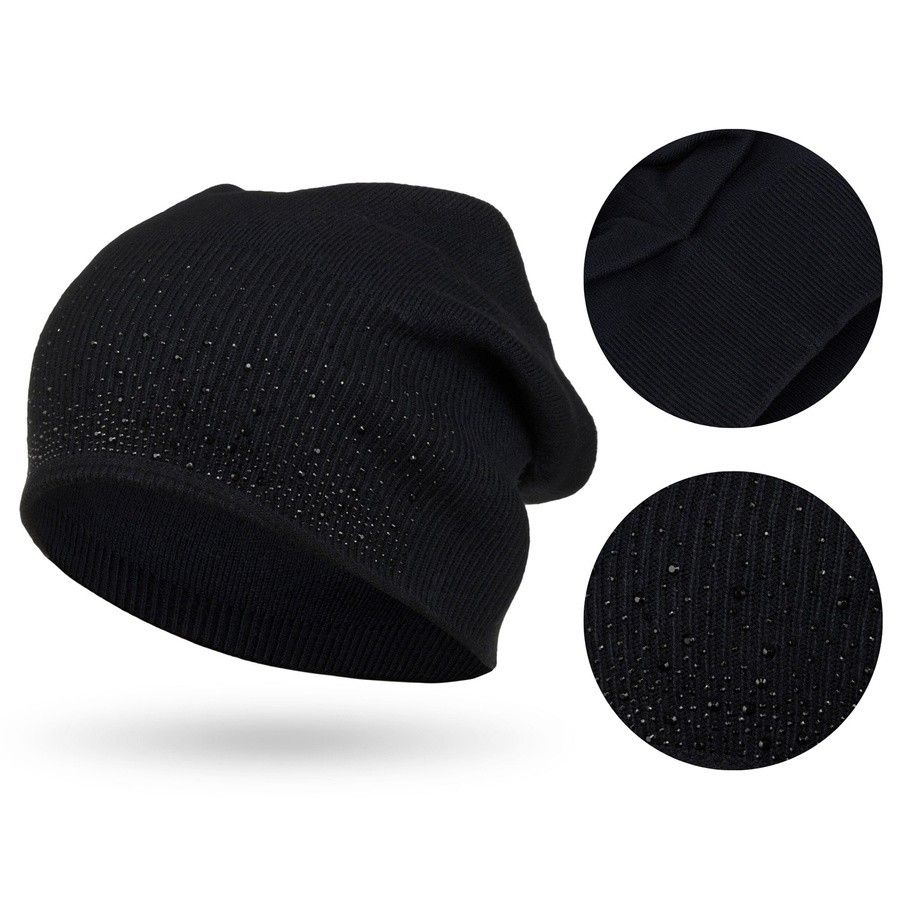 czarna czapka damska slouchy z dżetami - peterson