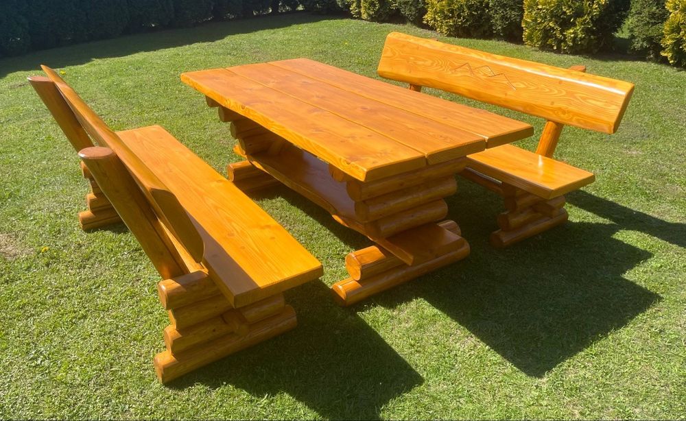 Komplet mebli ogrodowych, ławki w stylu góralskim, biesiadnym,