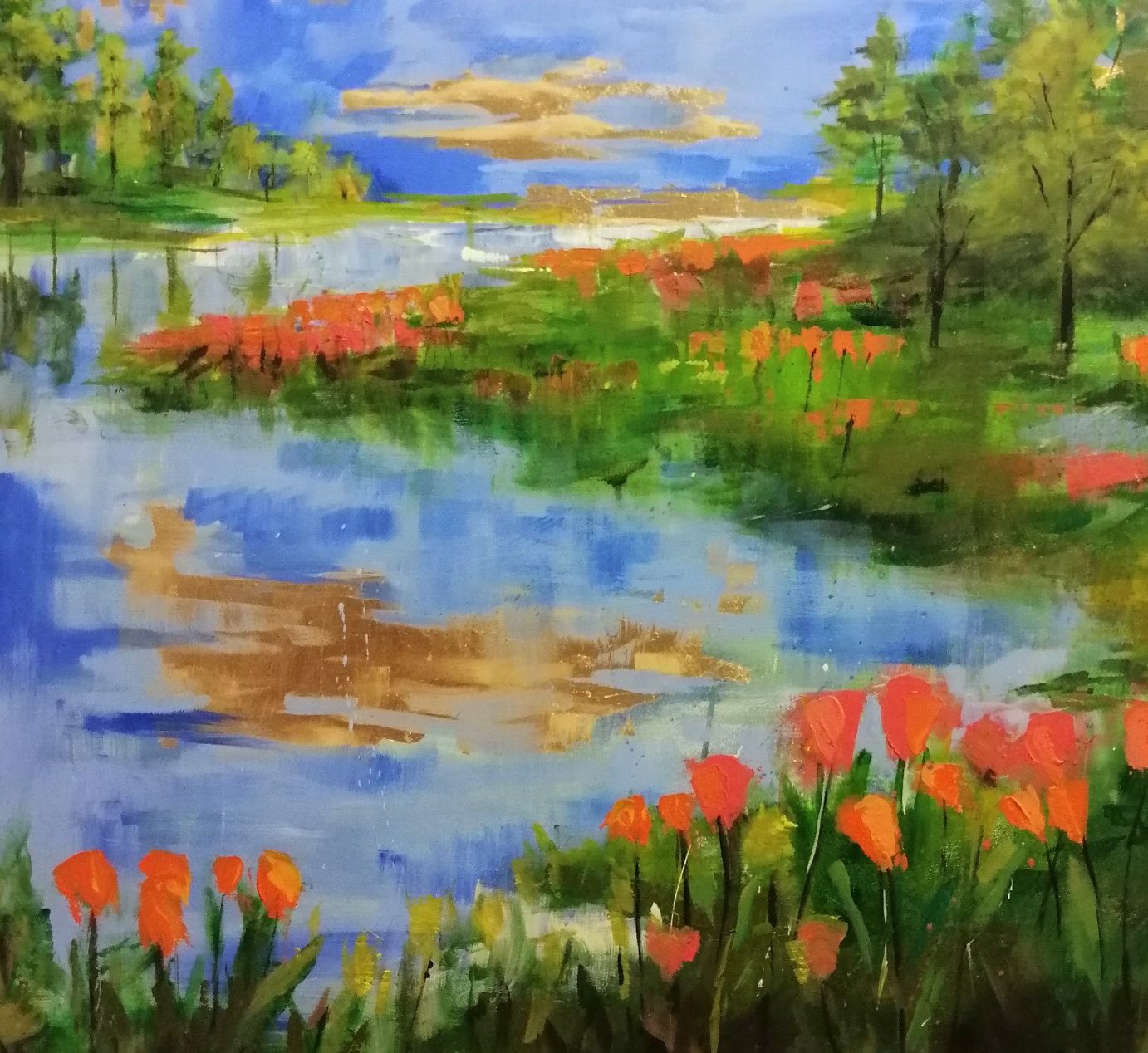 Pintura de paisagem a acrílico com folha de ouro
