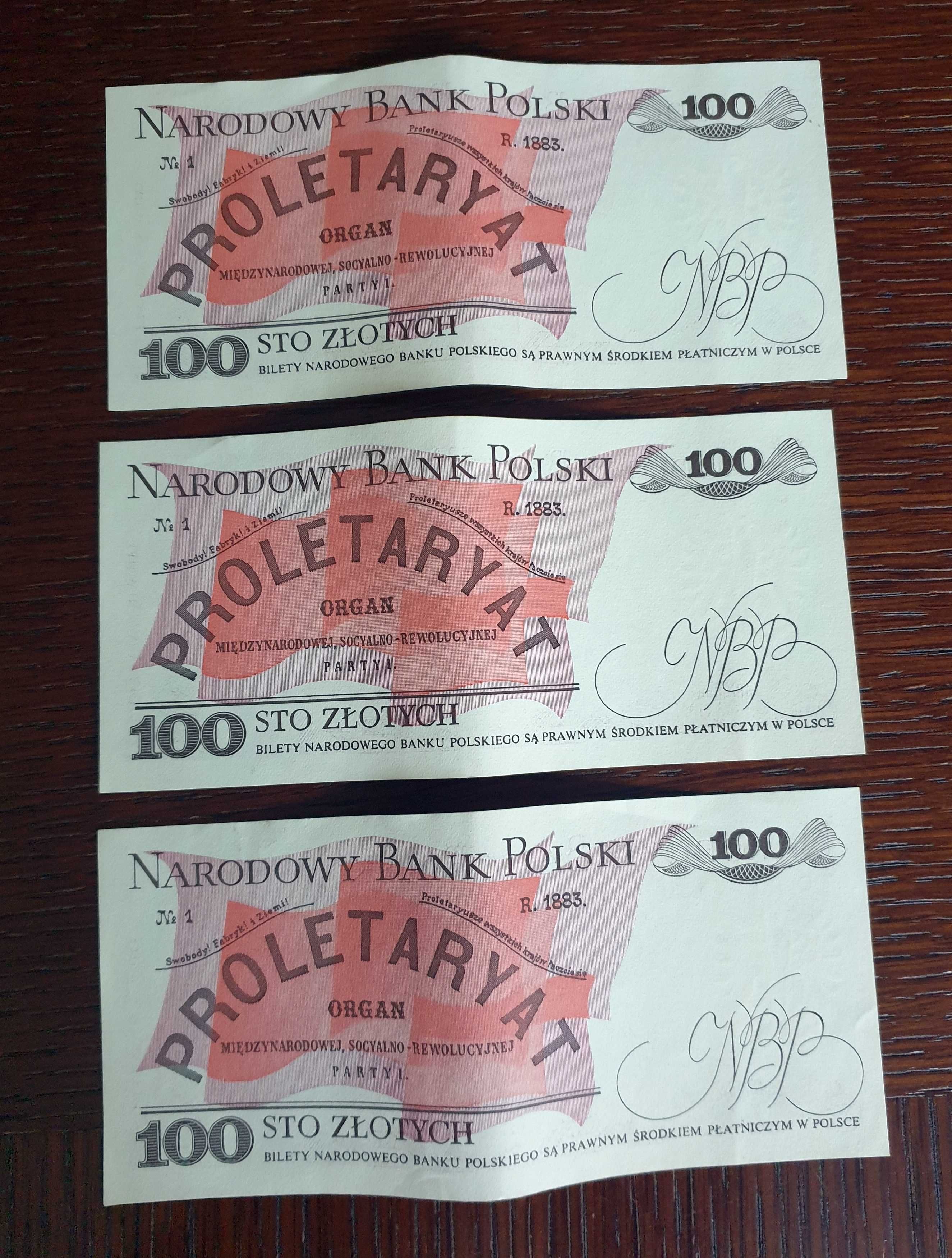 Banknoty (3 szt, TC kolejne numery) PRL 100 złotych / Waryński 1988