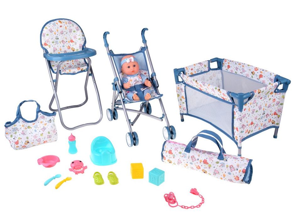 Zestaw Deluxe Lalka Bobas Wózek Łóżeczko Krzesełko akcesoria 16 ele