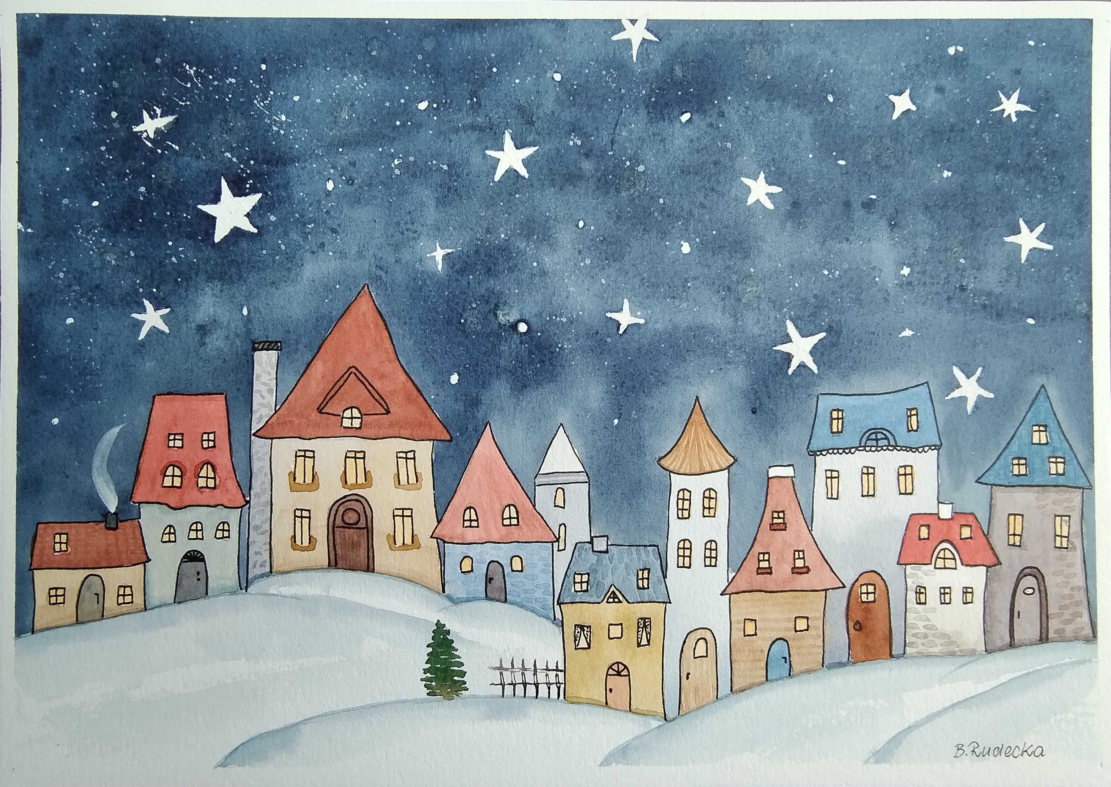 Akwarela Akwarelka Obraz pt. Magiczna Noc.  A4 - 21 x 29,7 cm,