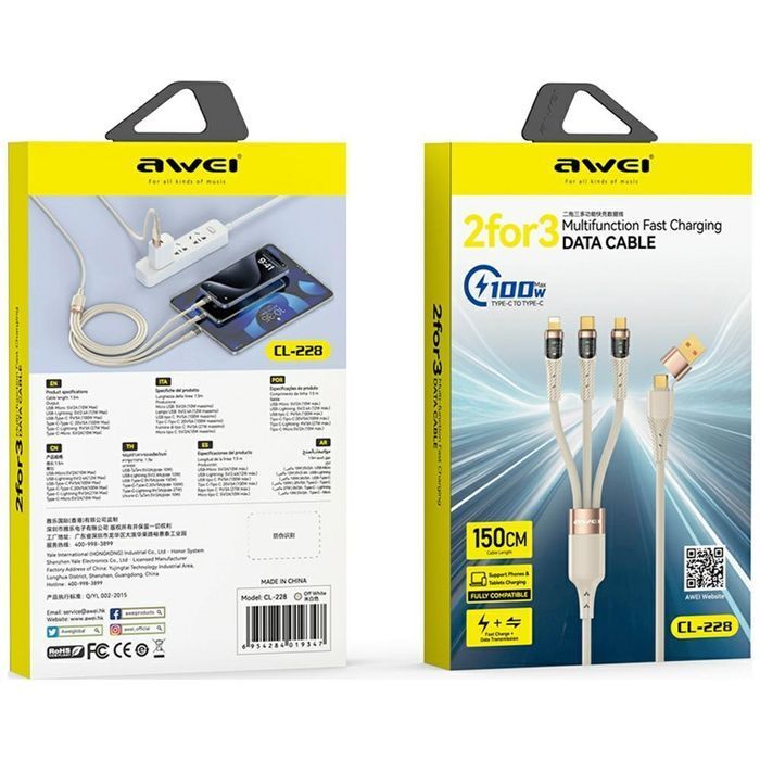 Awei Kabel Cl-228 Usb-C/Lightning/Mico   3W2 Czarny/Black