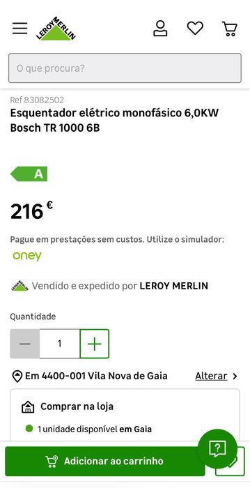 Esquentador elétrico monofásico 6,0KW Bosch TR 1000 6B