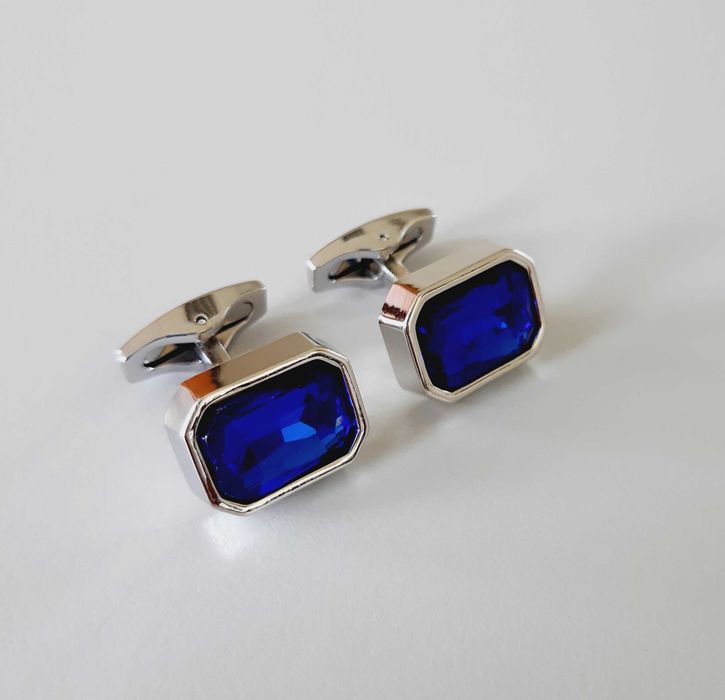 Spinki do mankietów koszuli nowe prostokątne srebrno niebieskie