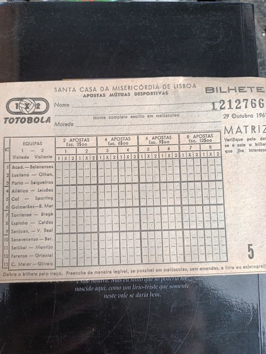 Boletim Totobola de 1961