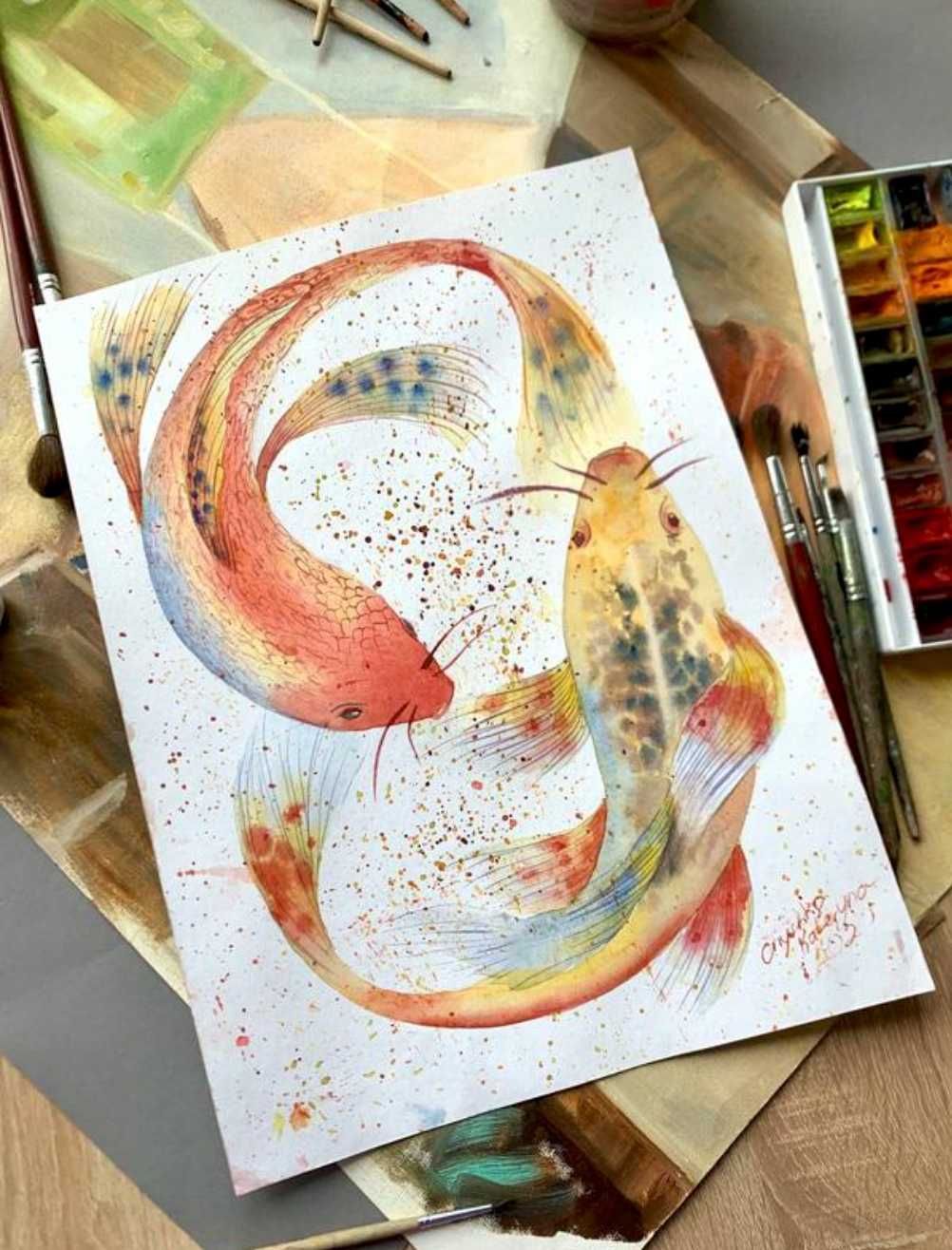 Картина Карпи коі акварель А3 - ручна робота живопис в дитячу