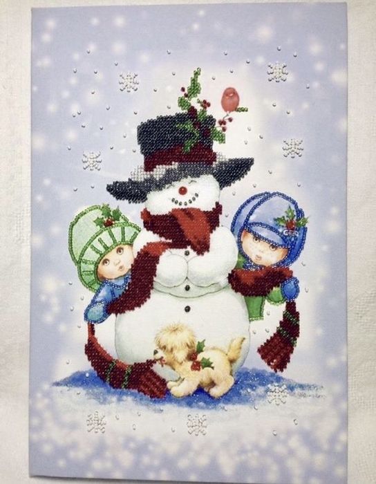 Картина «Зимові забави» вишивка на полотні декор хендмейд