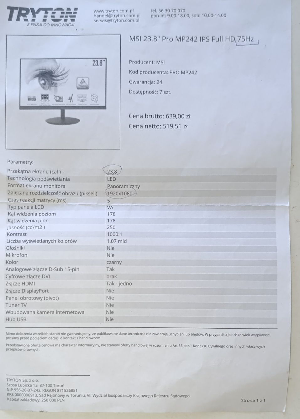 Monitor MSI PRO MP242 Series