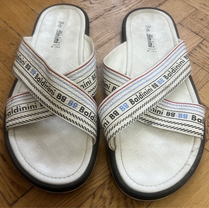 Летние кожаные мужские тапки / слайдеры Baldinini белые