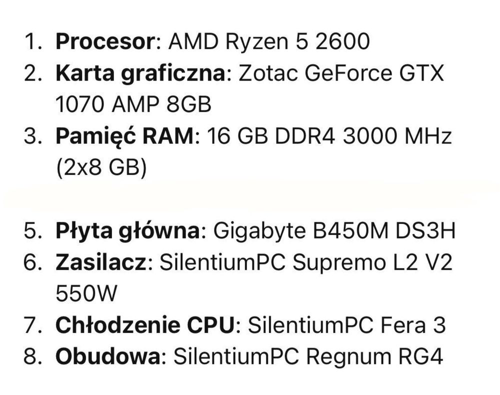 Komputer Ryzen 5 / GTX 1070 / 16GB RAM / bez dysku/ gotowy zestaw