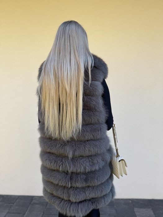 Kamizelka kołnierz z lisa szara 2 w 1 futro naturalne nowa rzędowa m