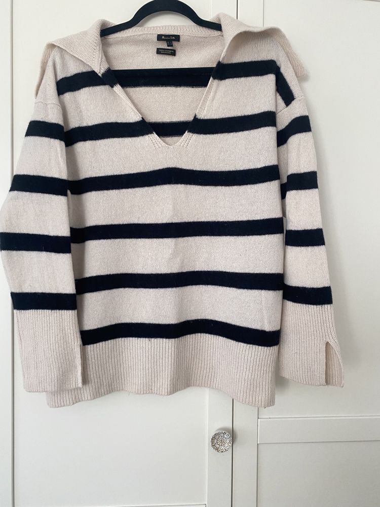 Sweter massimo dutti w paski czarno bezowy welna i kaszmir