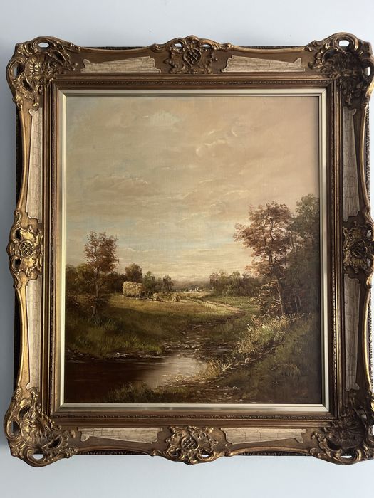 Obraz olejny pejzaż – wiejska sceneria, złota rama vintage