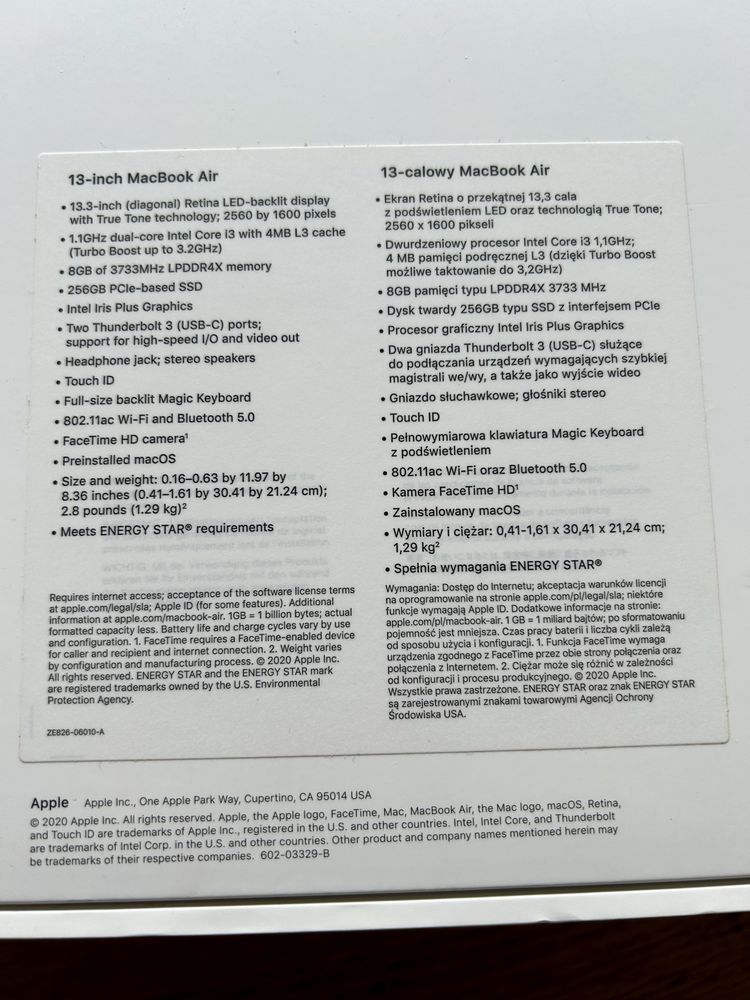MacBook Air 13” 2020 i3 / 8GB / 256GB Retina / tylko 158 cykli baterii