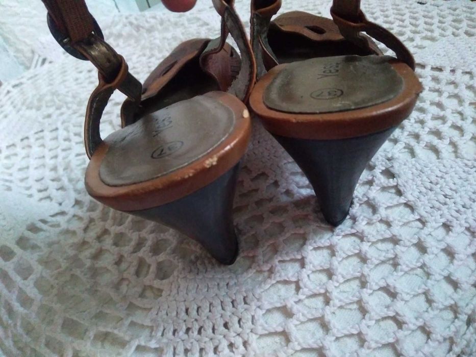 Skórzane sandały damskie na obcasie buty letnie czółenka rozmiar 37