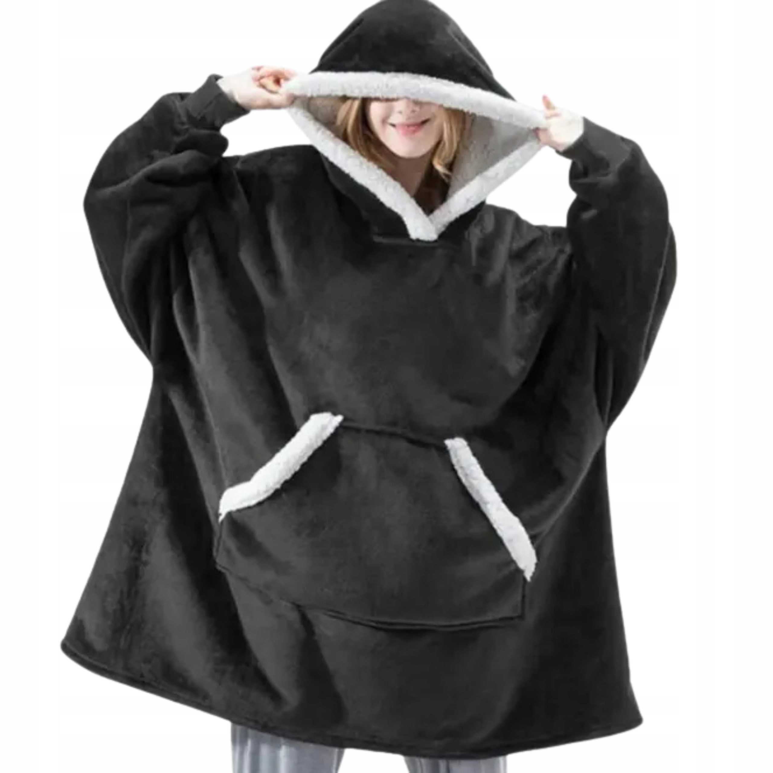 Koc bluza Oversize Ciepła Gruba Kocobluza 2w1 Czarna Futrzak