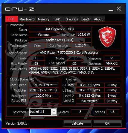 Комплект AMD Ryzen 7 5700X3D (96 МБ кешу L3)+ MSI B550 MAG tomahawk